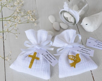 Sachet dragées double gaze blanc colombe ou croix doré/ baptême communion mariage/ étiquettes personnalisées avec prénom date texte au choix