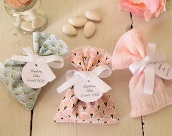 Pastel christening gift bags double gauze handmade cotton fabric - with personalized text labels of your choice