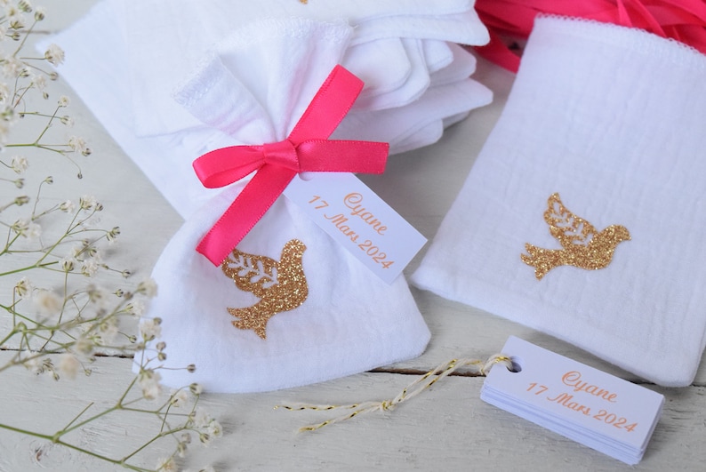 Sachet dragées double gaze blanc colombe ou croix doré/ baptism communion / personalized labels with first name date text of your choice image 9