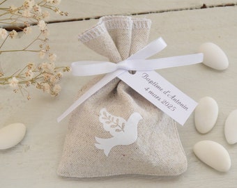 Pochon dragées coton-lin beige colombe blanche - étiquettes personnalisées - sachet tissu pour cadeau invités baptême communion mariage
