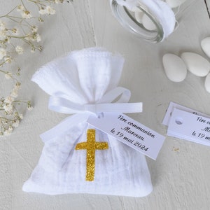 Sachet dragées double gaze blanc colombe ou croix doré/ baptism communion / personalized labels with first name date text of your choice Croix