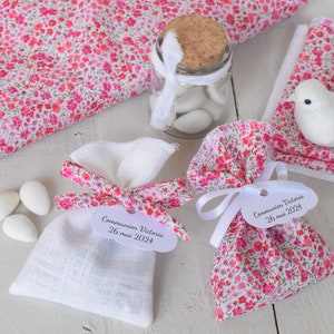 ballotins dragées Liberty Phoebe Rose - lin blanc - baptême mariage, étiquettes personnalisées / pochon dragées / sachet dragées / ballotins