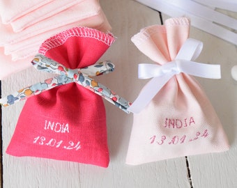 Baptism candy boxes Indian pink linen & Liberty Betsy/ Bag with first name date embroidery/ Baptism communion guest gifts