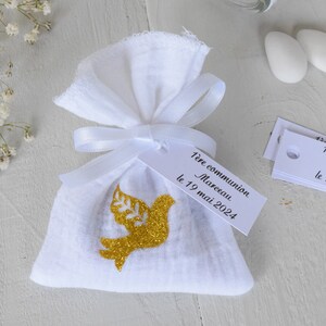 Sachet dragées double gaze blanc colombe ou croix doré/ baptism communion / personalized labels with first name date text of your choice Colombe