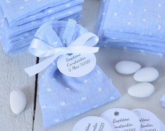 Ballotins dragées baptême bébé garçon bleu plumetis- Sachet dragées baptême mariage communion baptême - guest gifts