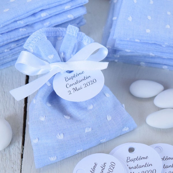 Ballotins dragées baptême bébé garçon bleu ciel plumetis- Sachet dragées baptême mariage communion baptême - cadeaux invités