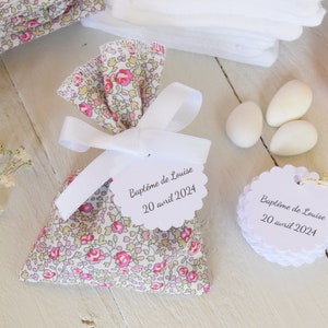 Ballotins dragées Liberty Eloïse rose et double gaze blanc, étiquettes personnalisées / pochon dragées sachet dragées baptême mariage Pochon Liberty