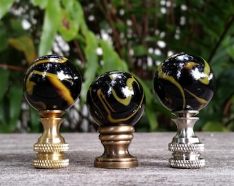 Black Lamp Finial, Glass, Yellow Swirls, Medium