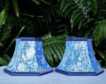 Pair Small Marbled Paper Sconce Lampshades Blue