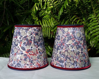 Pair Marbled Paper Lampshades Red White Blue Gray