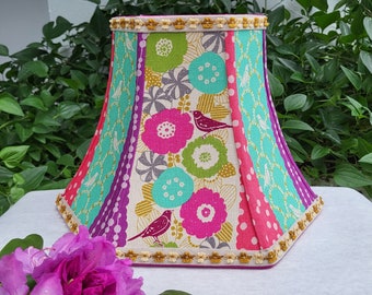 Floral Bird Lampshade Pink Aqua Mustard Table Lamp Bell