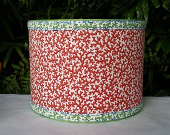 Coral Red Lampshade Drum Blue and Green Trim