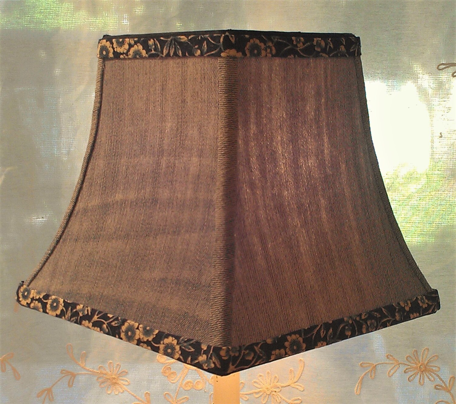 Blue Denim Lampshade, Indigo Lamp Shade, Floral Trim