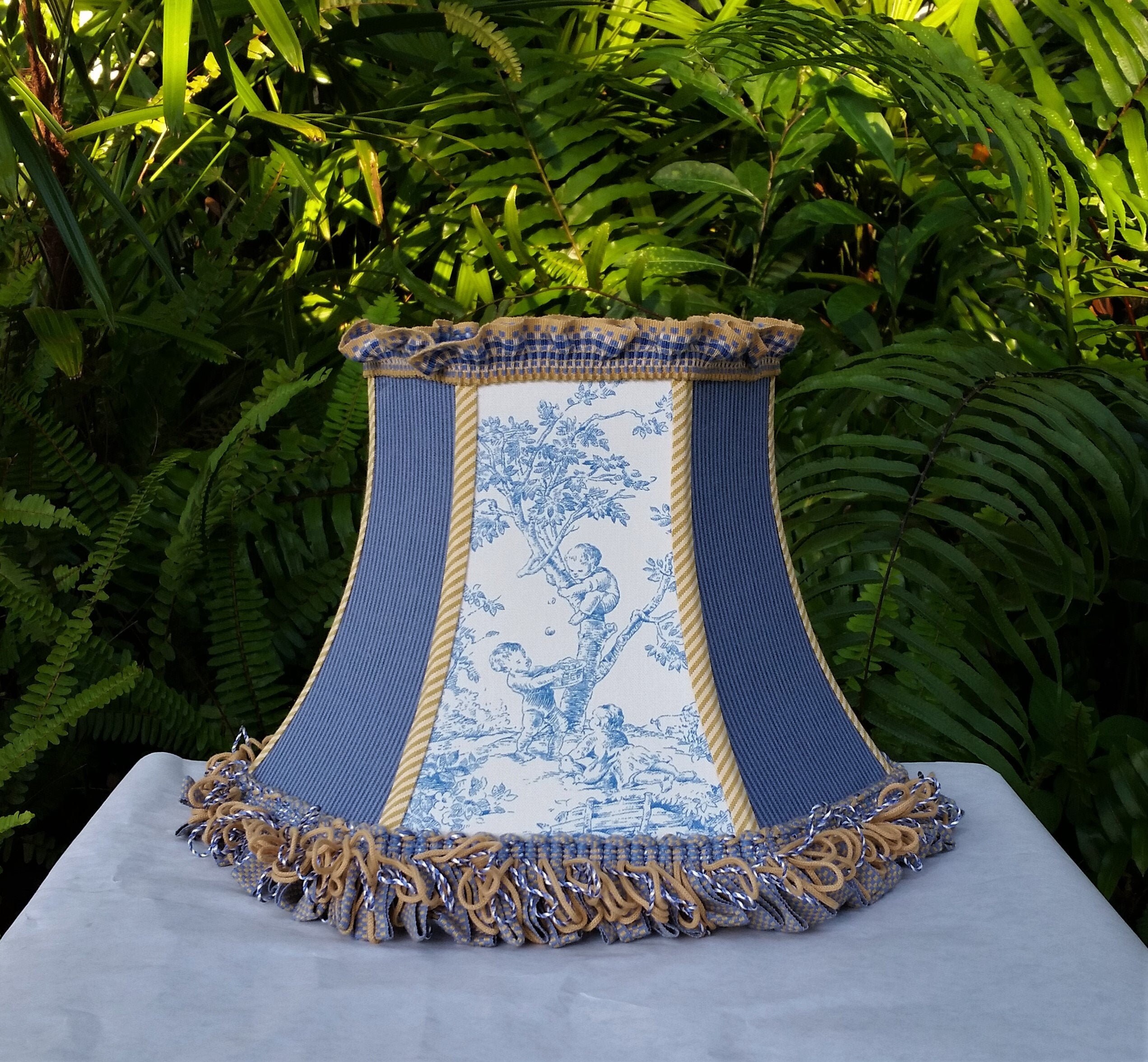 French Country Toile Lampshade, Blue Ticking Lamp Shade French Country Toile Lampshade, Blue Ticking Lamp Shade