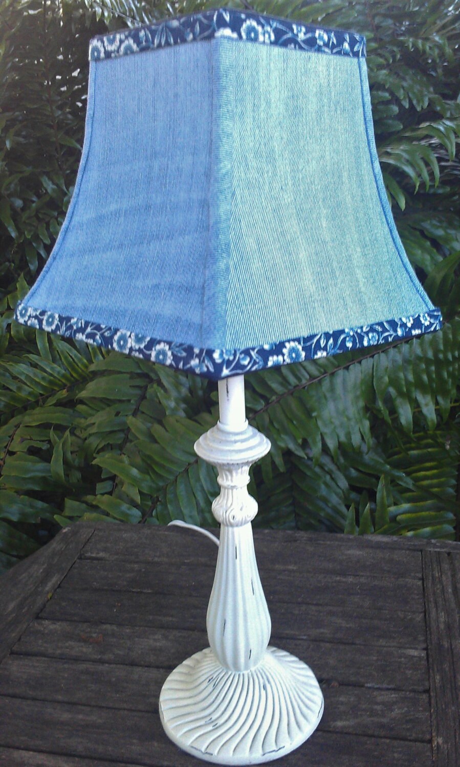 Blue Denim Lampshade, Indigo Lamp Shade, Floral Trim