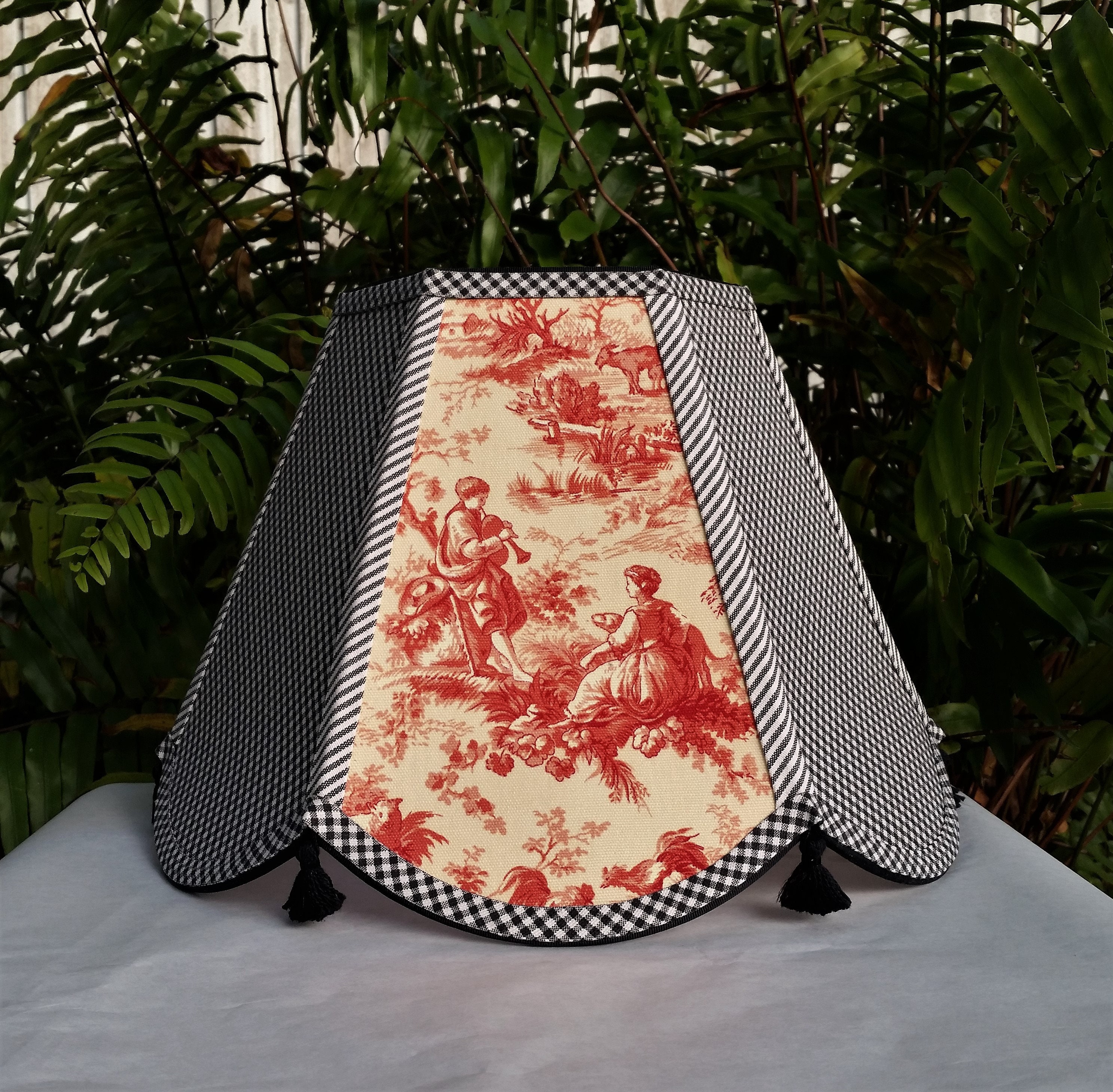French Country Red Toile Lampshade, Black Gingham Lamp Shade