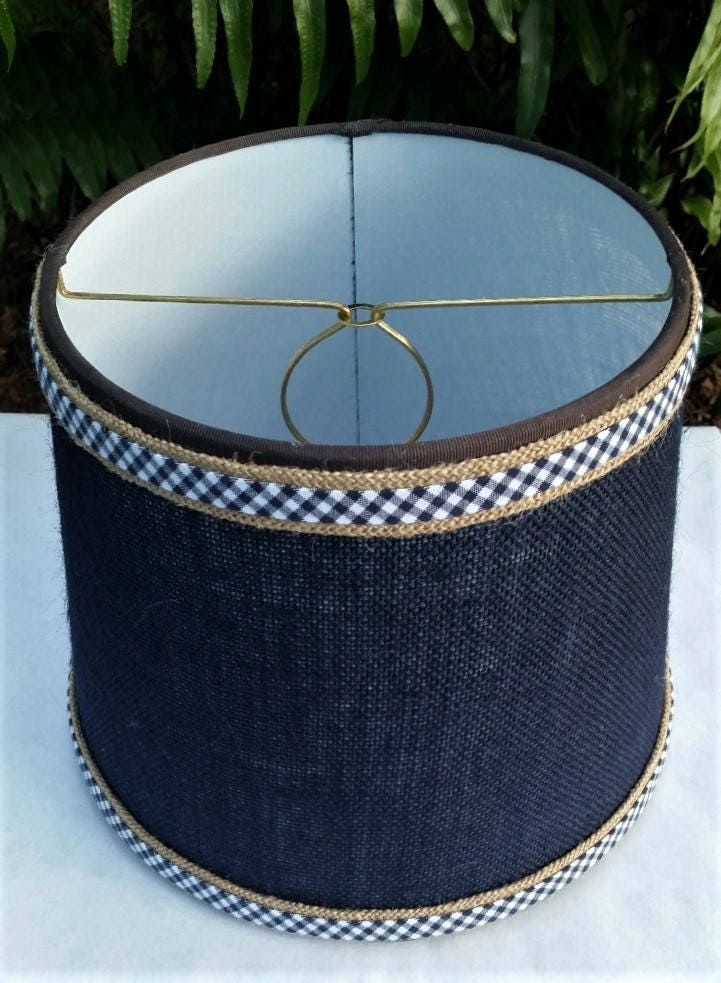 Navy Burlap Lampshade Gingham Trim Custom Lamp Shade 1