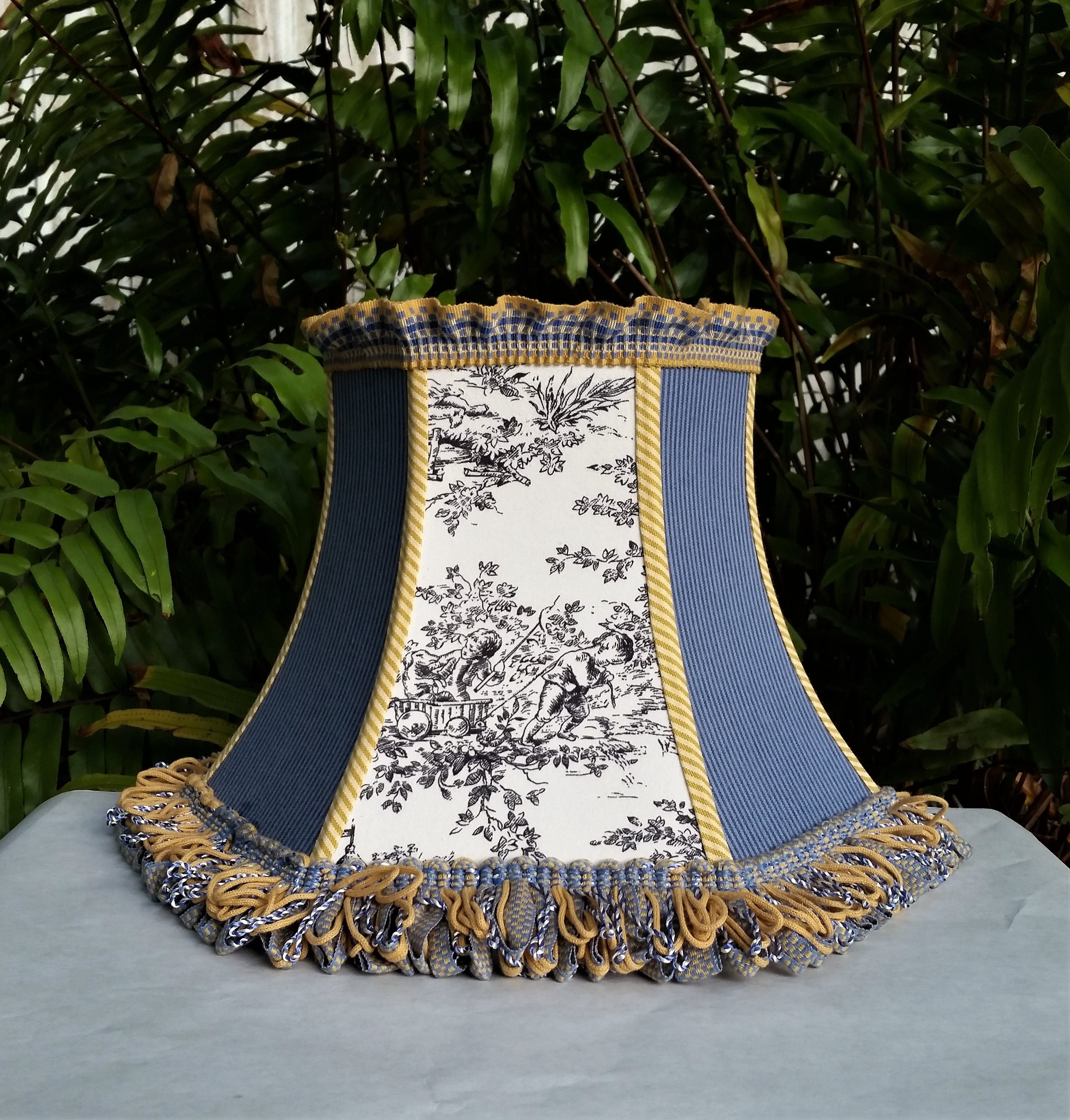 French Country Toile Lampshade, Blue Ticking Lamp Shade French Country Toile Lampshade, Blue Ticking Lamp Shade