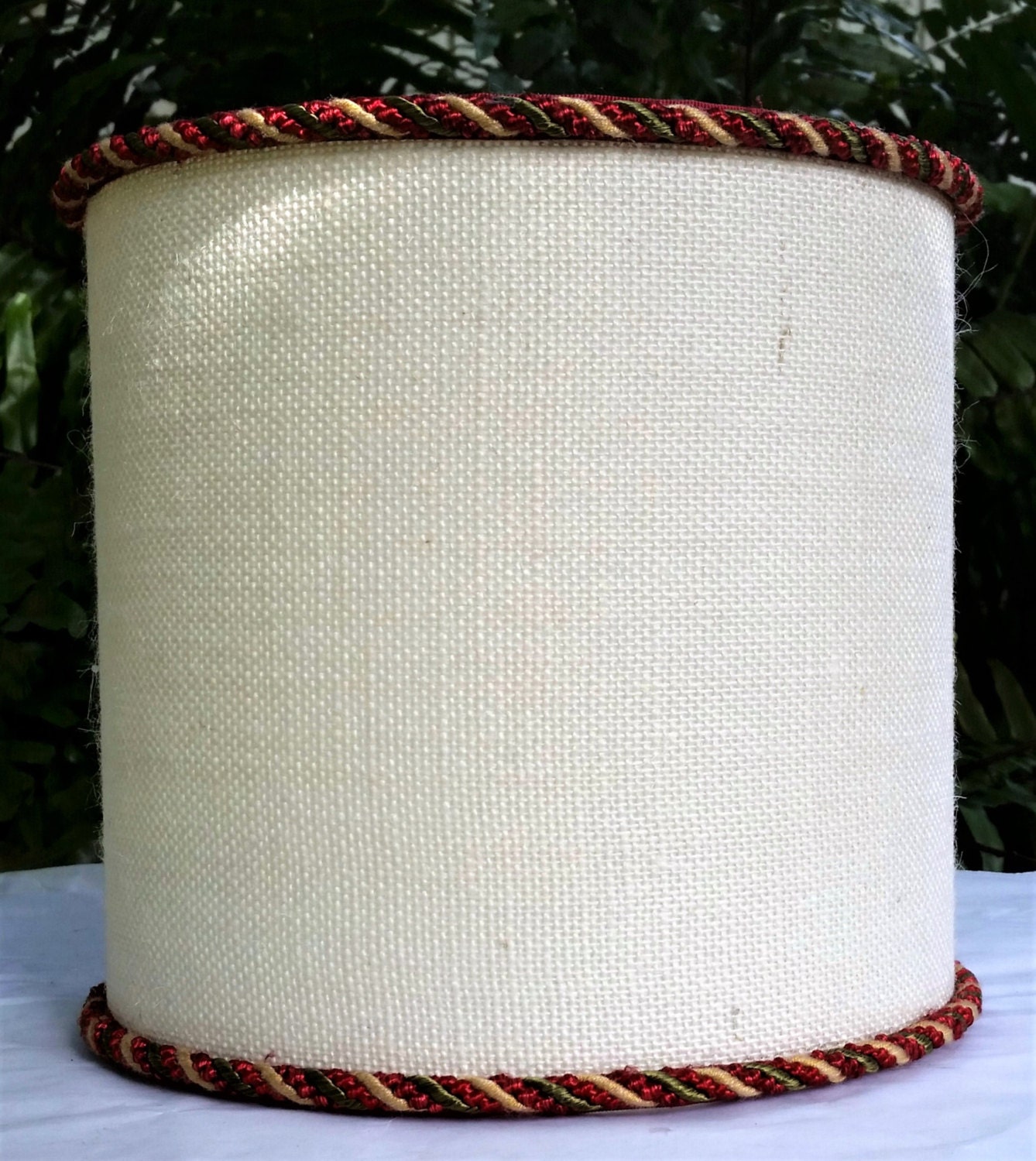 Lamp Shade, Ivory Burlap Drum Lampshade, Red Cord Trim