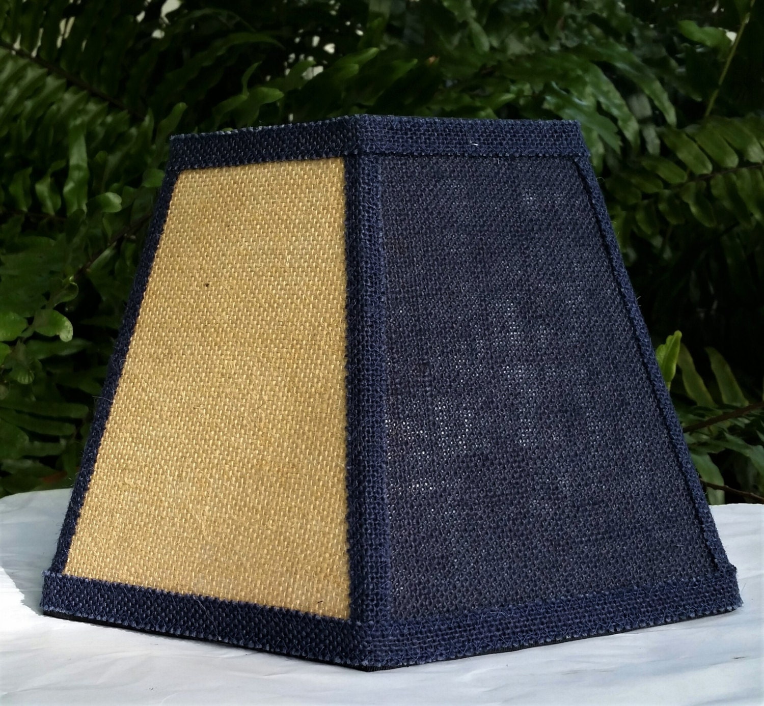 Burlap Lampshade, Brown, Navy Blue, Hexagon Lamp Shade