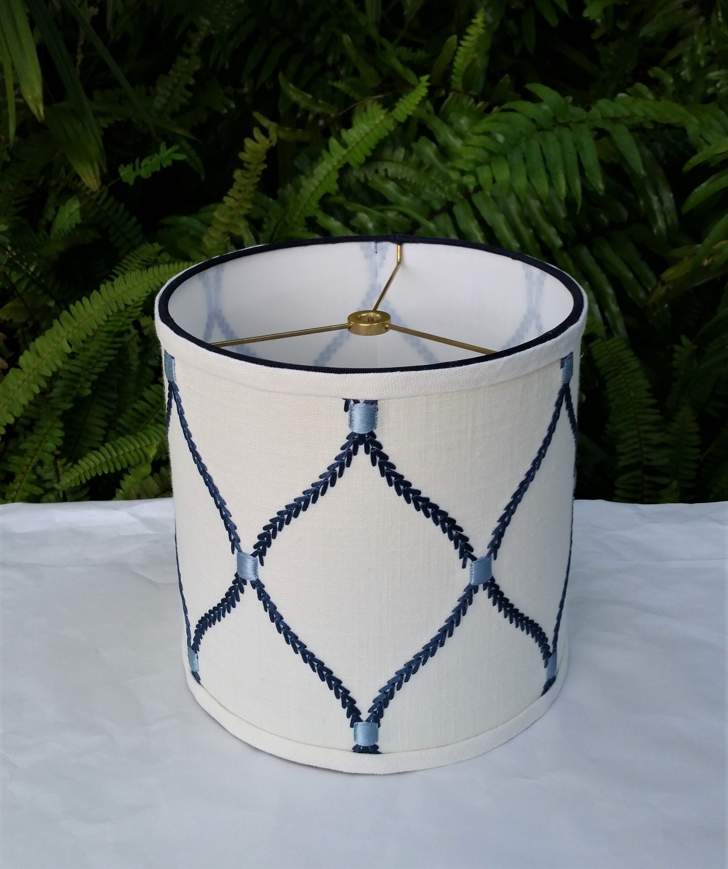 Small Drum Lamp Shade Embroidered Linen Blue