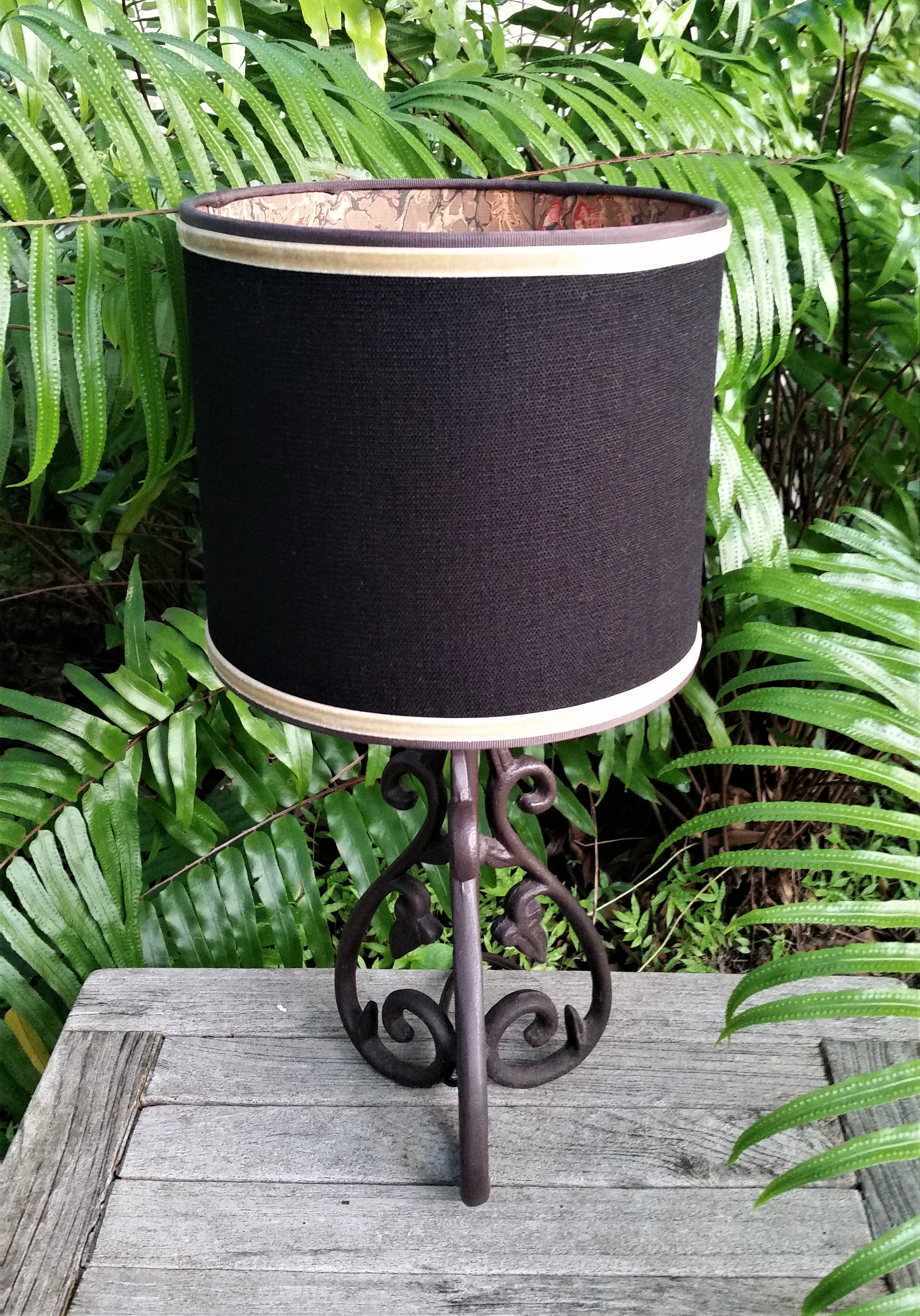 Black Linen Drum Lampshade, Marbleized Paper Liner, Clip On Lamp Shade