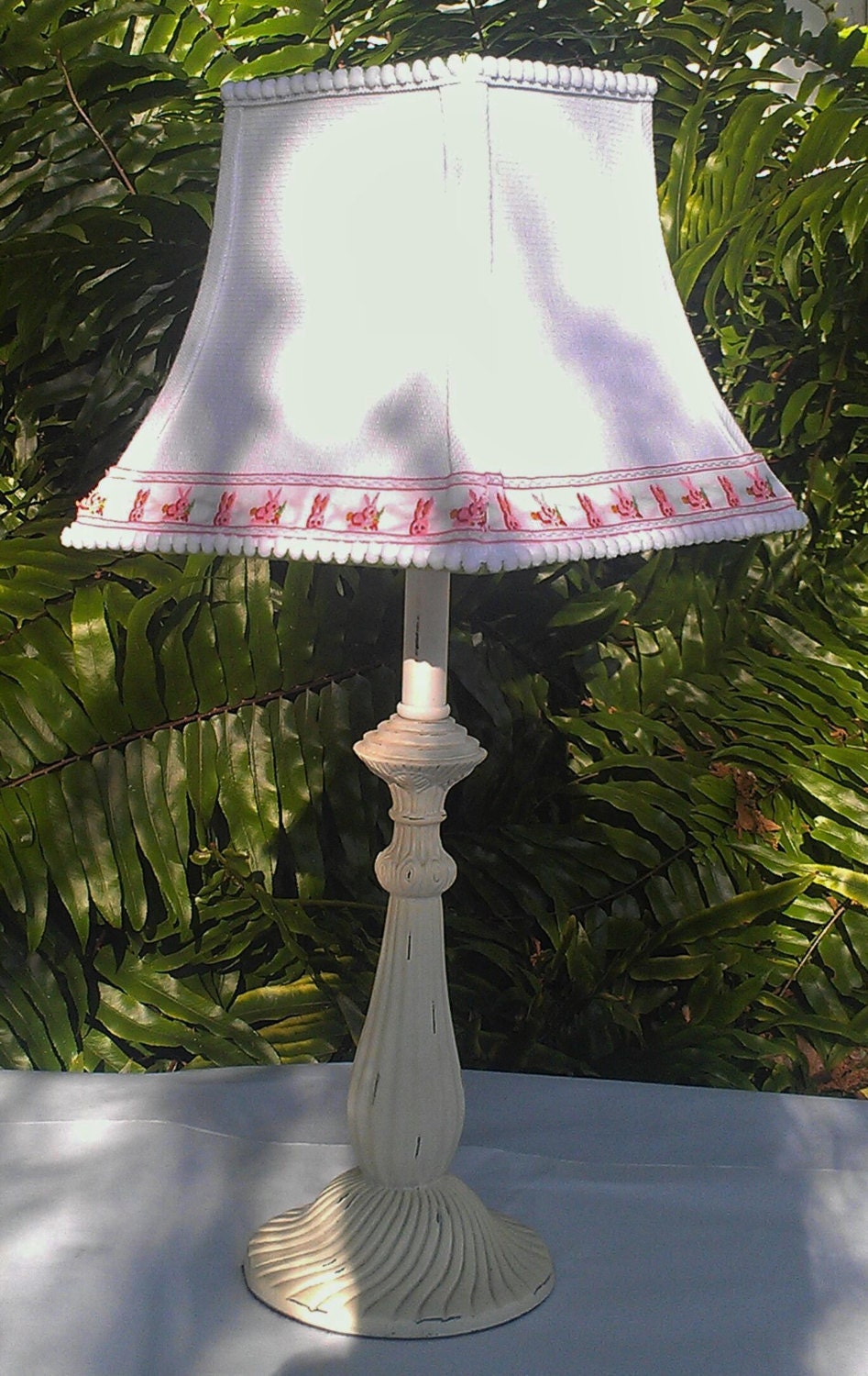 White Linen Baby Lampshade, Pink Bunny Trim Lamp Shade