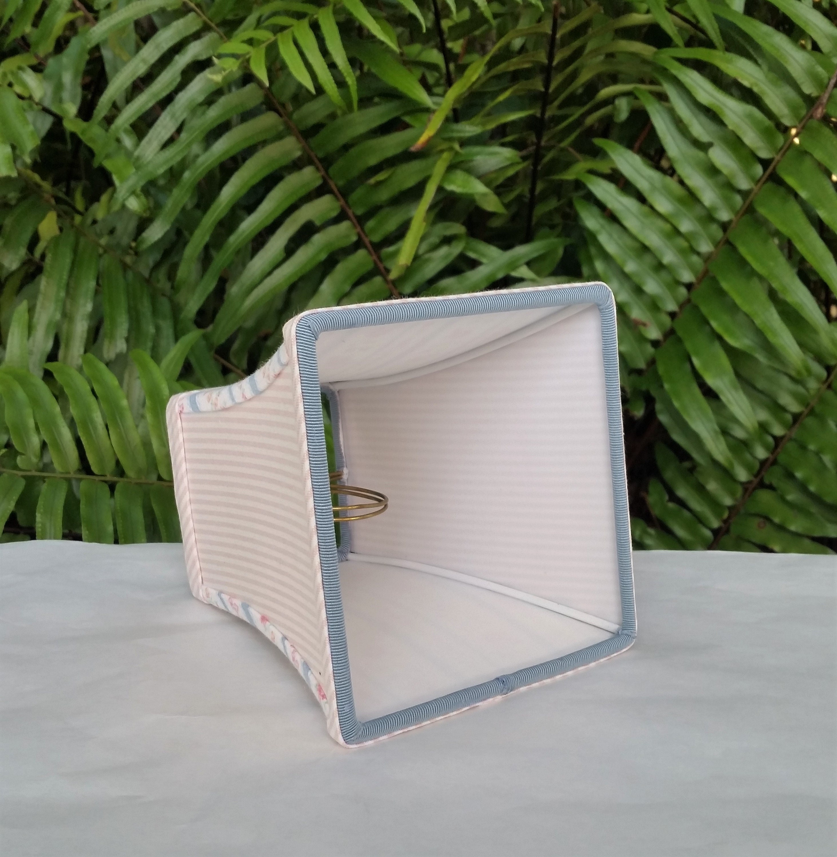 Small Clip On Lamp Shade, Blue Ticking Pink Flowers, Square Bell Lampshade