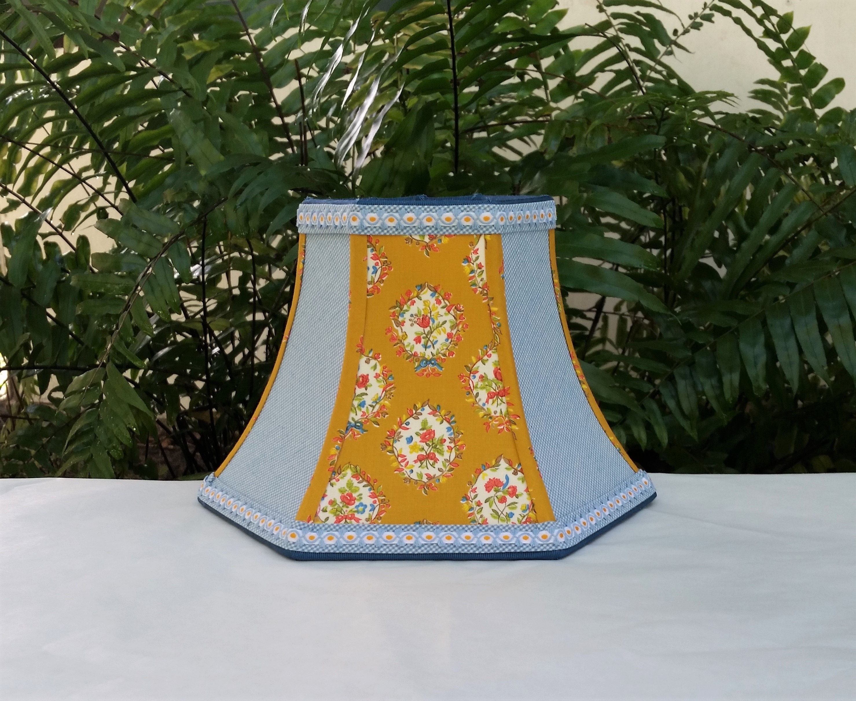 French Country Lampshade, Golden Mustard Blue Floral Lamp Shade
