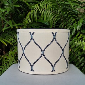 Lamp Shade Linen Embroidered Blue Off White