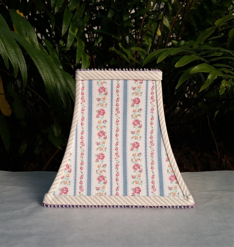 Clip On Lamp Shade Blue Ticking Pink Flowers Square Bell Lampshade