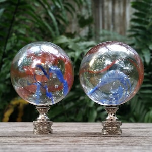 Large Iridescent Lamp Finial, Clear Red Blue