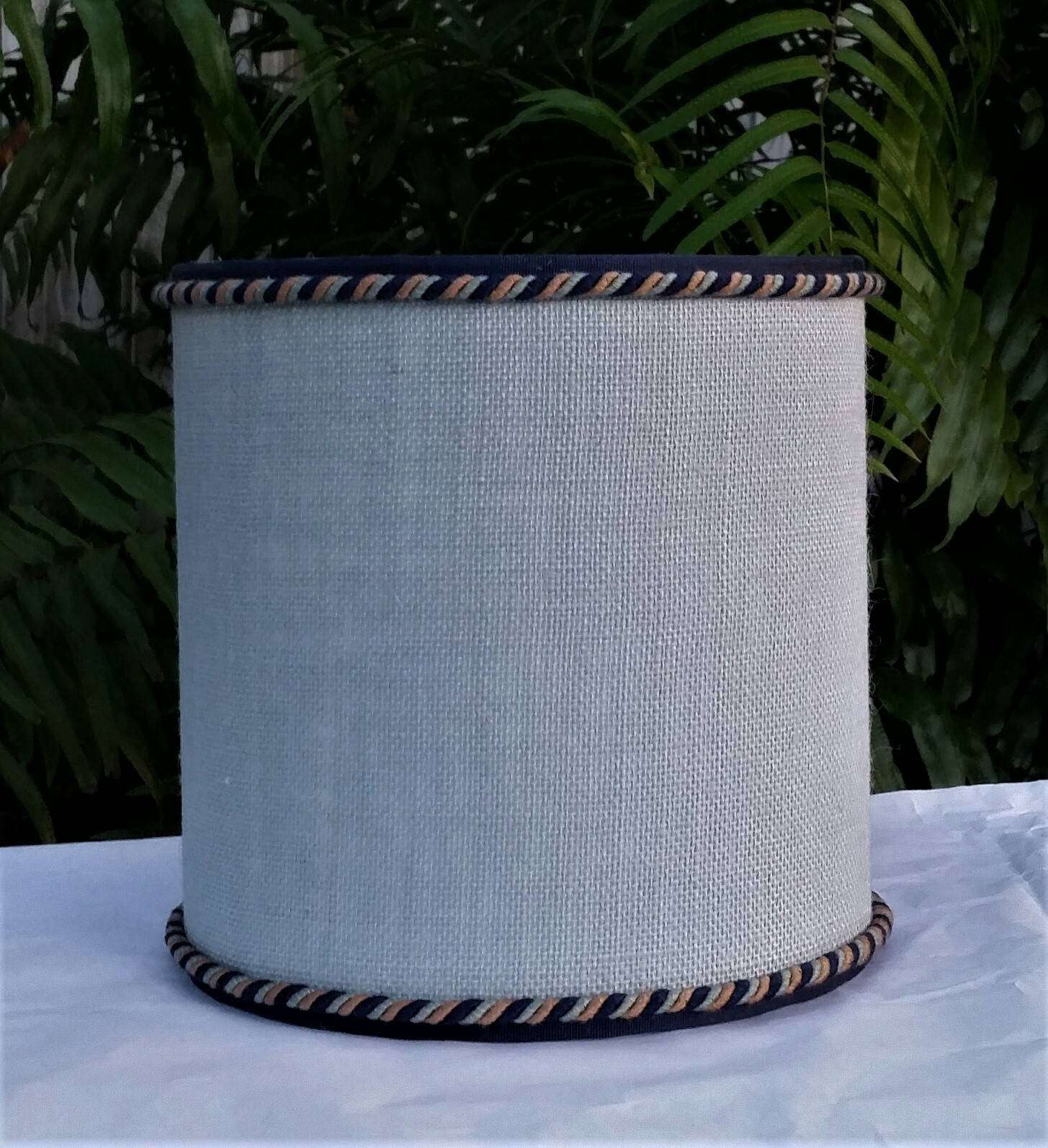 Blue Burlap Lampshade, Drum, Lamp Shade Cord Trim