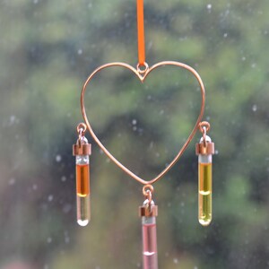 Sun catcher for window, Heart Shaped Copper Sun catcher Window Hanger with hand blown glass Vials with coloured oils image 2