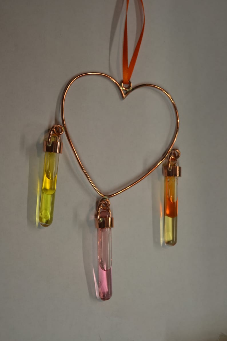 Sun catcher for window, Heart Shaped Copper Sun catcher Window Hanger with hand blown glass Vials with coloured oils image 5