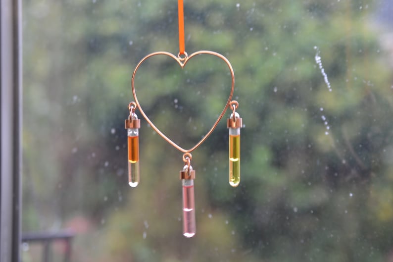 Sun catcher for window, Heart Shaped Copper Sun catcher Window Hanger with hand blown glass Vials with coloured oils image 2