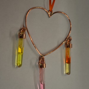 Sun catcher for window, Heart Shaped Copper Sun catcher Window Hanger with hand blown glass Vials with coloured oils image 4