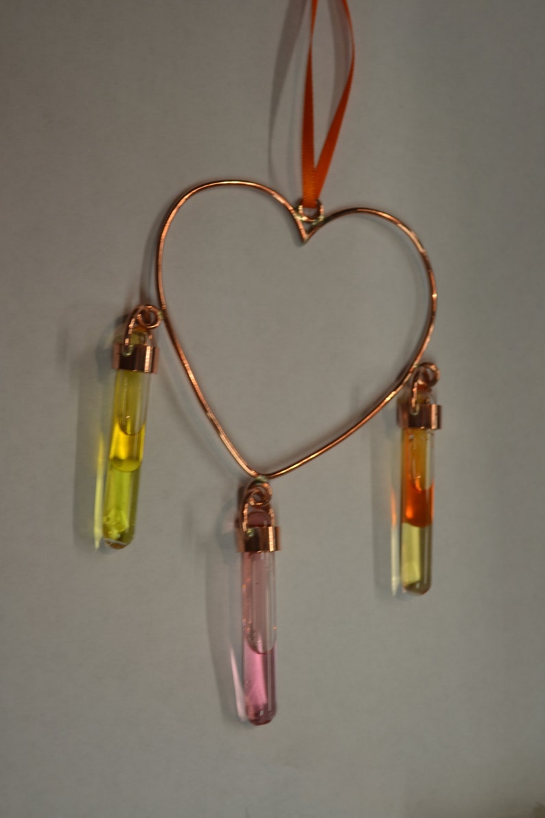 Sun catcher for window, Heart Shaped Copper Sun catcher Window Hanger with hand blown glass Vials with coloured oils image 4