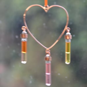 Sun catcher for window, Heart Shaped Copper Sun catcher Window Hanger with hand blown glass Vials with coloured oils image 1