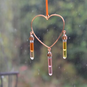 Sun catcher for window, Heart Shaped Copper Sun catcher Window Hanger with hand blown glass Vials with coloured oils image 3