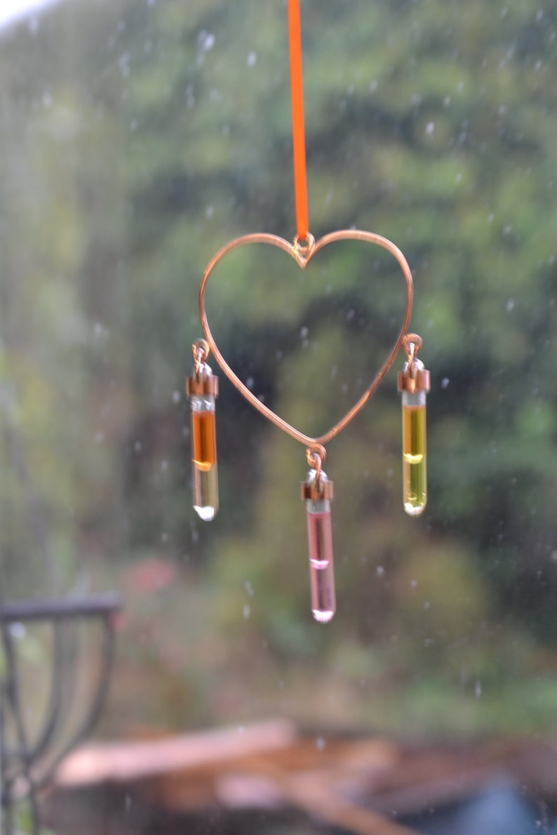 Sun catcher for window, Heart Shaped Copper Sun catcher Window Hanger with hand blown glass Vials with coloured oils image 3