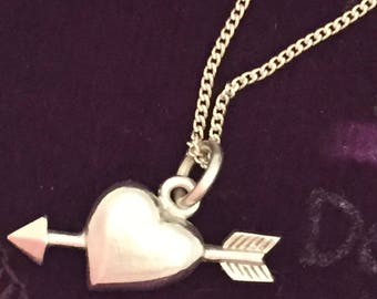 Cupids Arrow and Heart Necklace, Love Heart Pendant and Chain, Sterling Silver Heart Necklace for Valentines Day