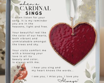 Cardinal Glass Heart Ornament Memorial Gift, Celebration of Life Card