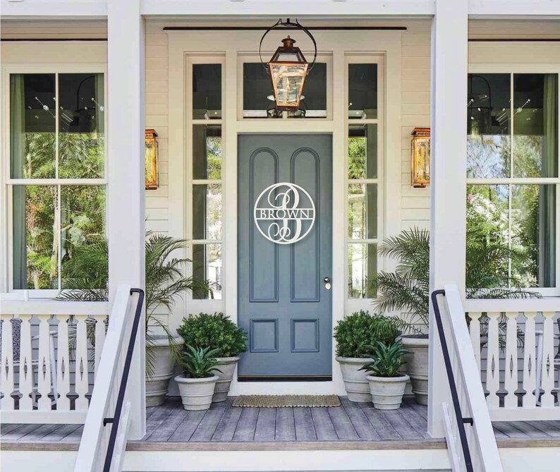 Monogram Railing Housewarming Gift, Name Door Hanger, Last Name Sign, Split Monogram ...