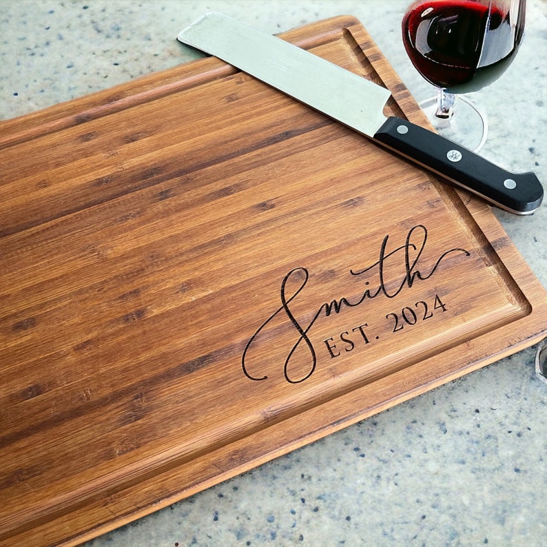 Personalized Cutting Board Wedding Gift, Bamboo Charcuterie Board, Unique Valentines Day Gift, Bridal Shower, Engraved Engagement Present image 1