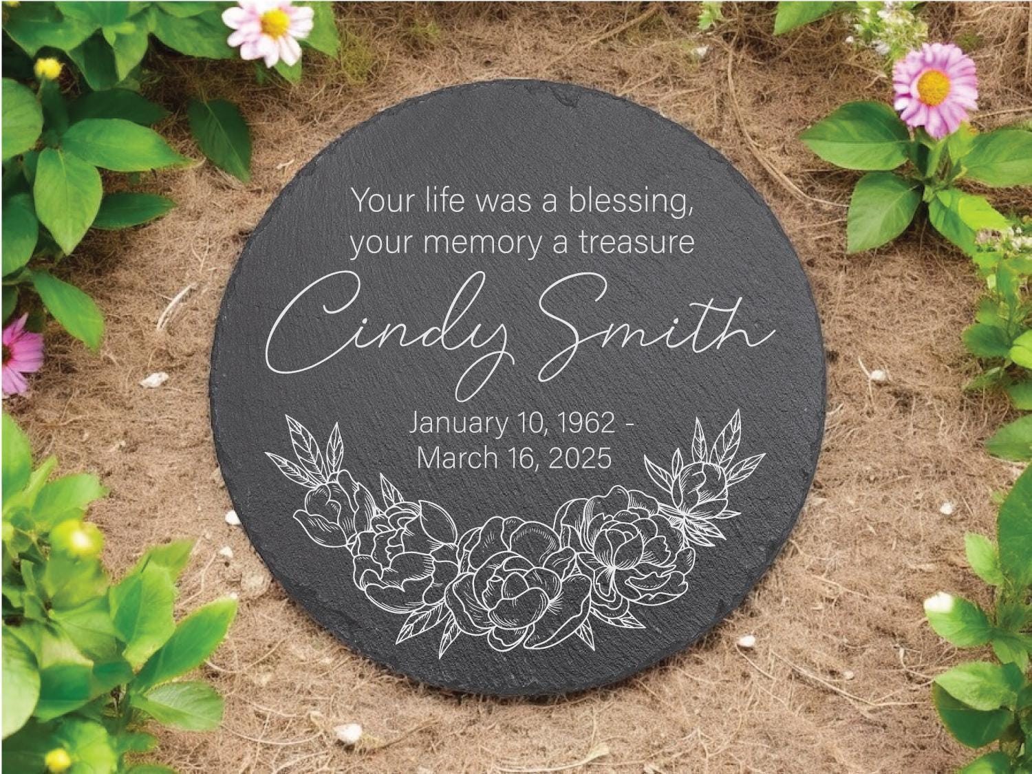 Memorial Stone, Garden Tribute Plaque - Engraved Name Message, Personalized Roses Slate, 4" 10