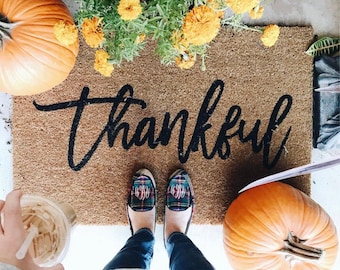 Thankful Doormat: Custom Coir Thanksgiving Welcome Mat