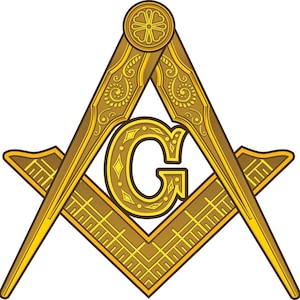 May include: A gold-colored Masonic symbol with a compass and square, a letter G in the center, and intricate details.
