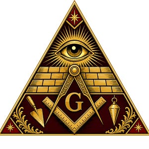 Peut inclure: Un emblème triangulaire présentant un œil de la providence doré au sommet, un motif de pyramide en briques et un symbole central d'équerre et de compas avec la lettre G. Une truelle et un fil à plomb sont sur un fond rouge foncé avec des dorures.