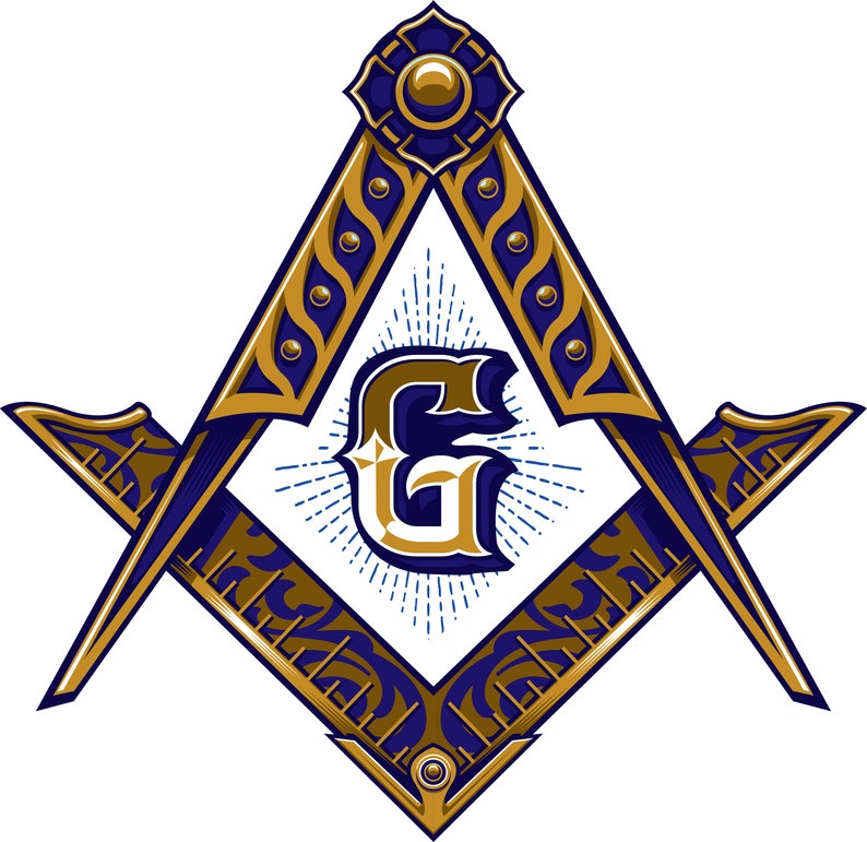 May include: A gold and blue Masonic symbol with a stylized letter "G" in the center. The symbol is a square and compass with intricate details.